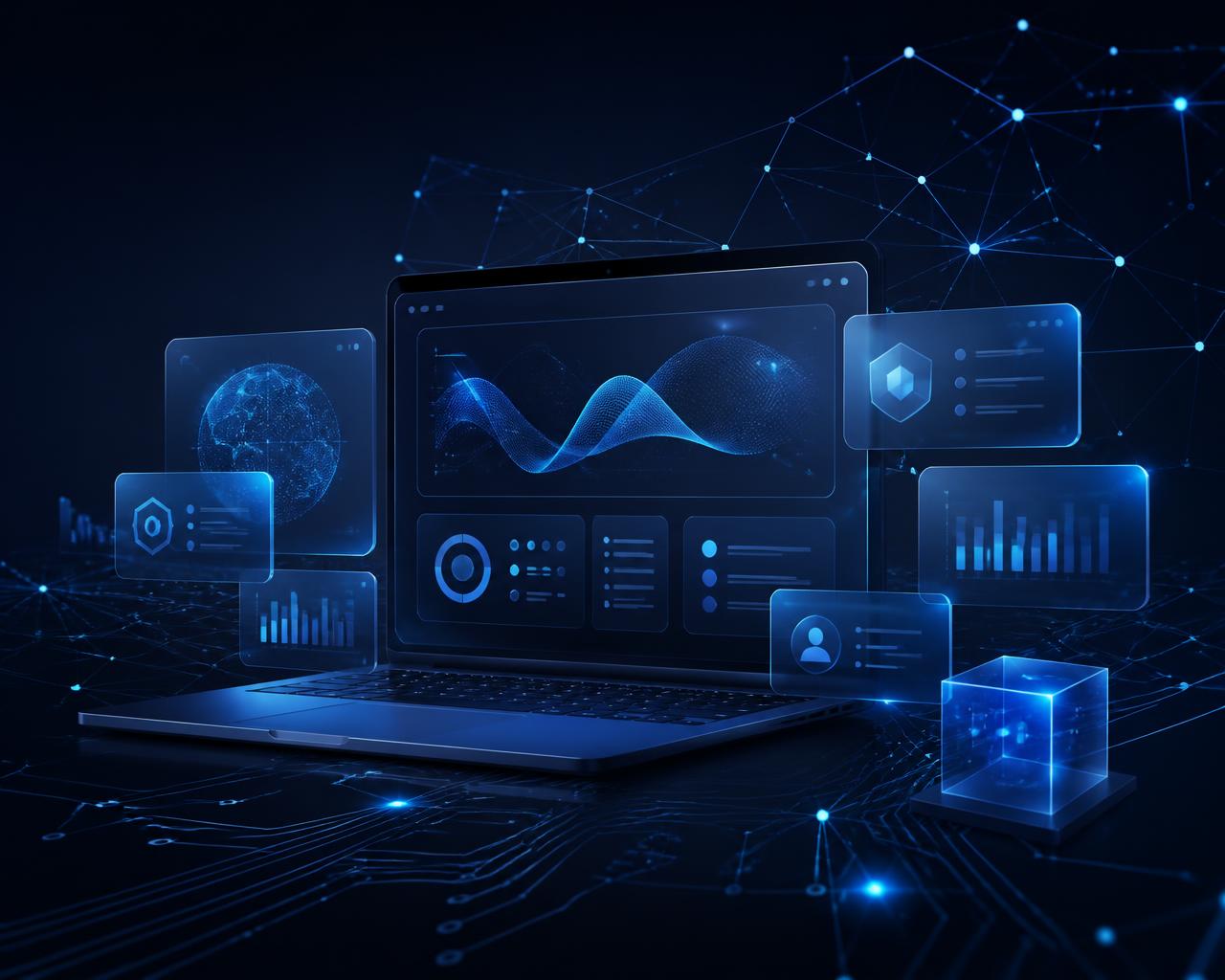 Illustration of a laptop with glowing dashboards and a connected network, representing IT services